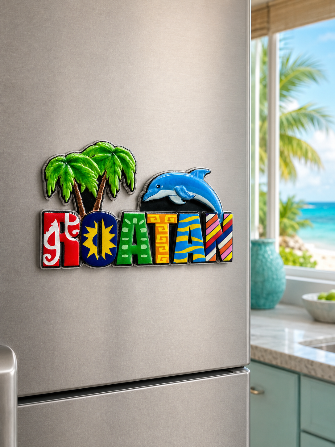 Colorful Roatan Dolphin and Palm-Tree Magnet