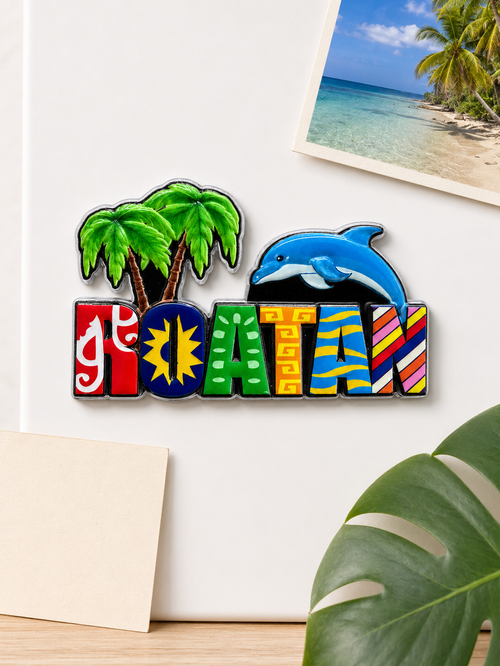 Colorful Roatan Dolphin and Palm-Tree Magnet